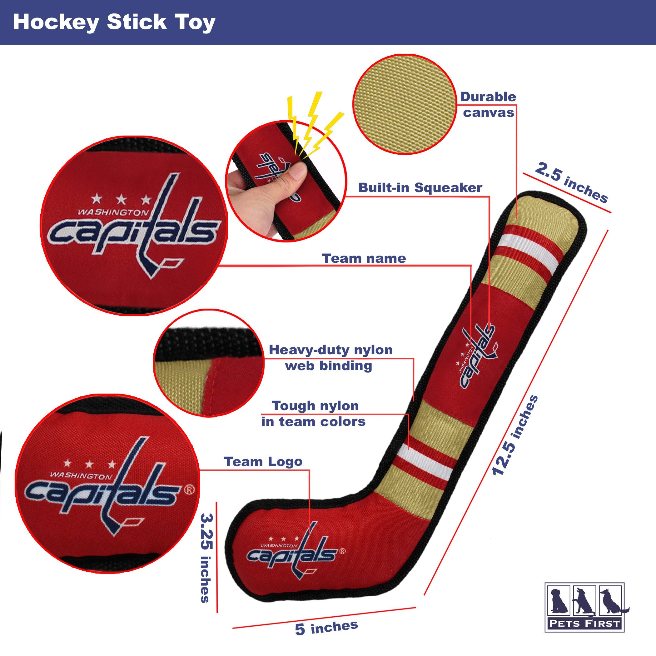 Pets First Dog Toy Tough Nylon With Inner Squeaker Licensed By Nhl Washington Capitals Hockey Stick Toy For Dogs & Cats Play Hoc